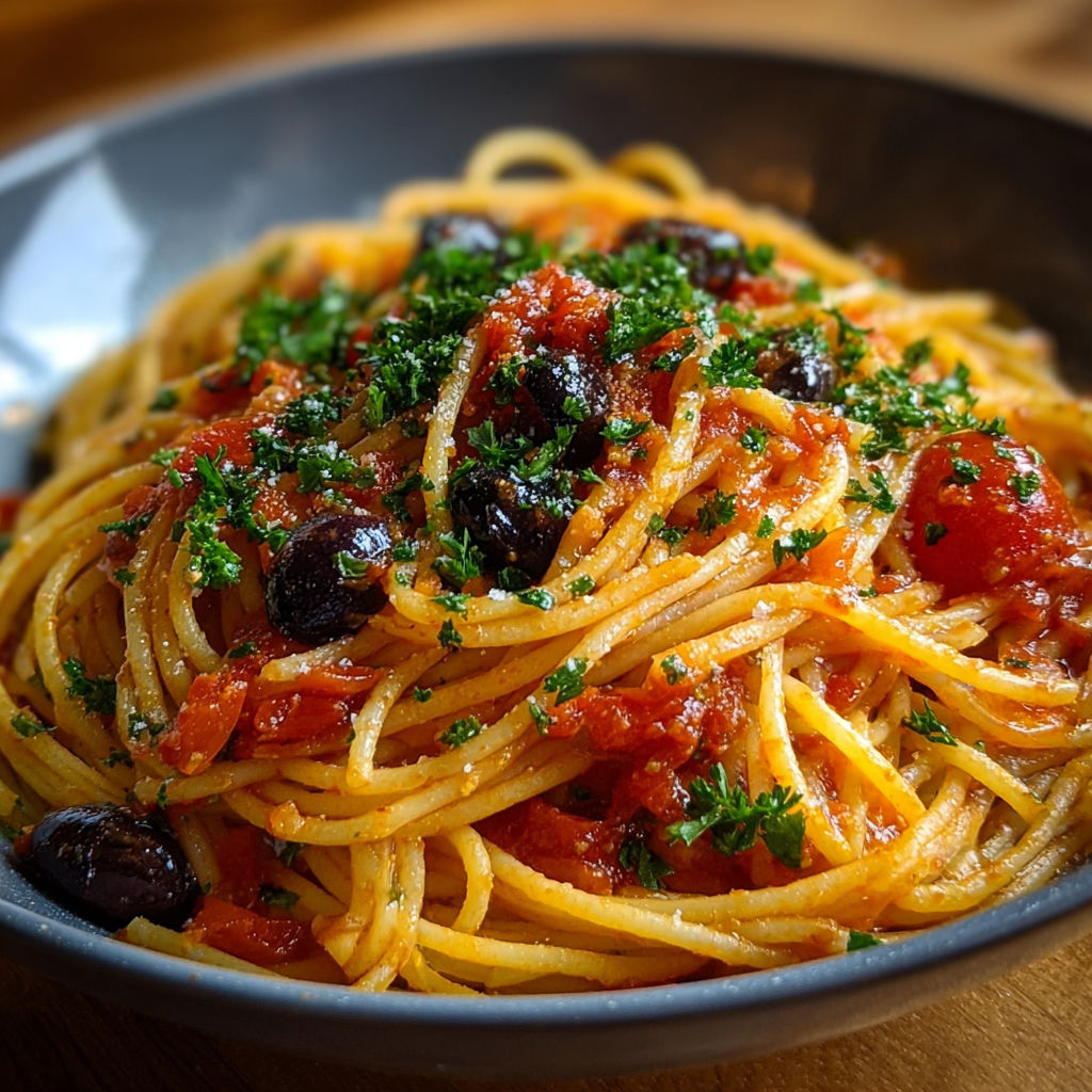 Un bol de spaghetti à la tomate parsemé d'olives noires, vertes et de persil frais.