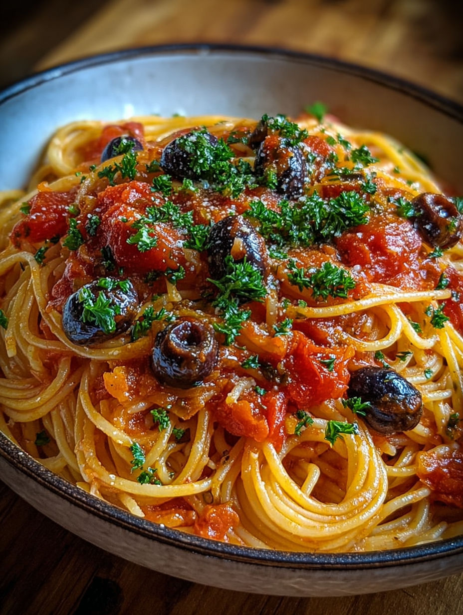 Gros plan sur la sauce tomate onctueuse avec des olives et des herbes aromatiques.