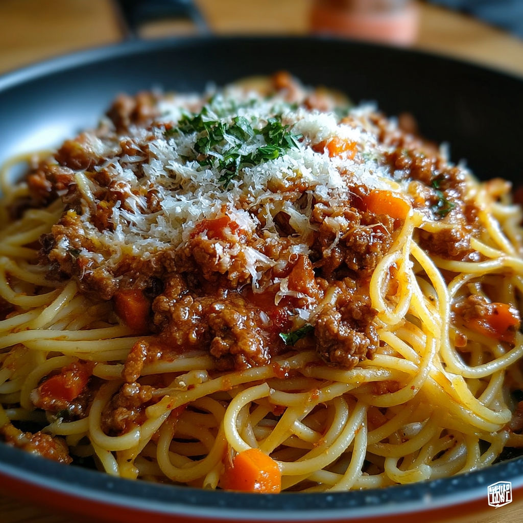 Une delicious plate of spaghetti bolognaise maison.
