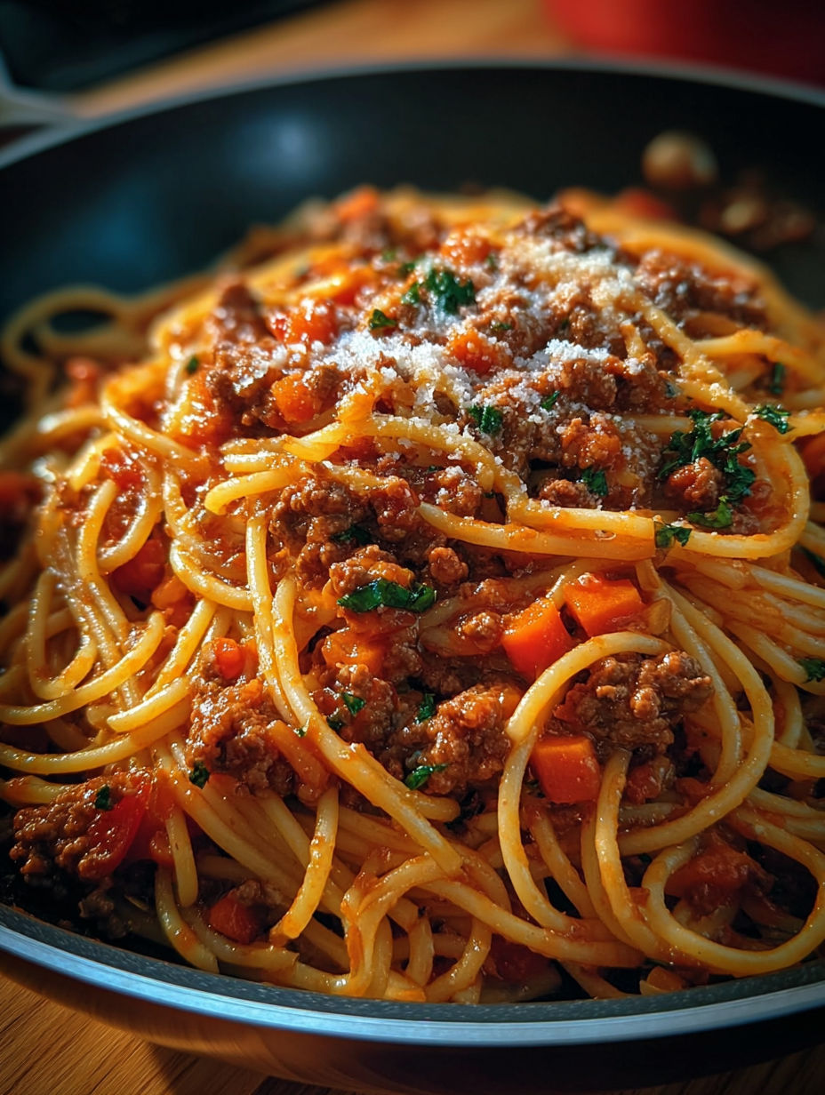 Gros plan sur la sauce bolognaise onctueuse enrobant les spaghettis.