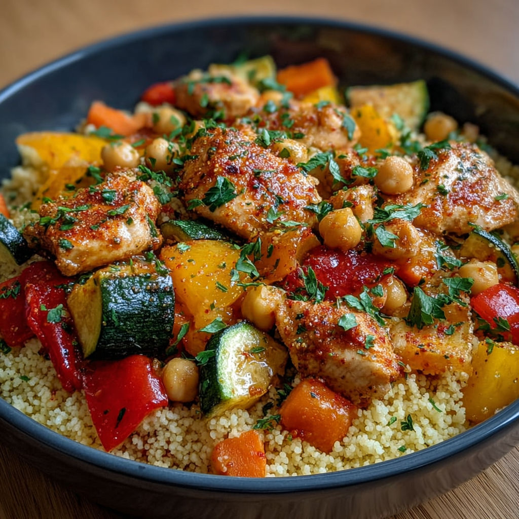 Bowl de couscous coloré avec poulet mariné, légumes rôtis et pois chiches.