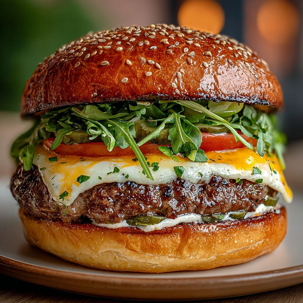 Burger gourmet avec double fromage coulant, roquette fraîche et pain brioché aux sésames.