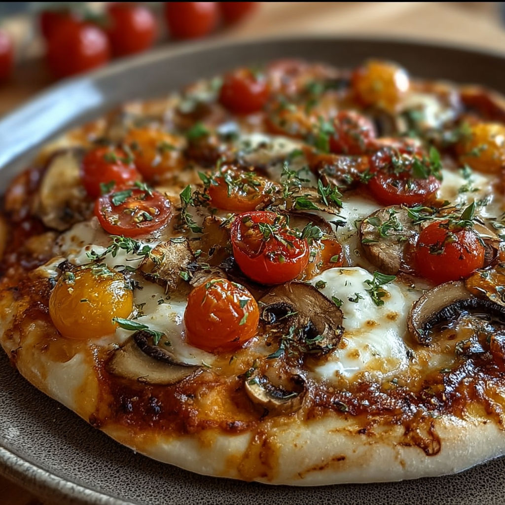 Une pizza maison avec des tomates cerises, champignons et mozzarella.