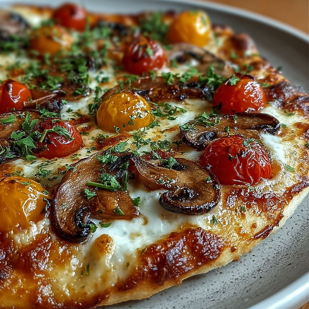 Pizza maison dorée avec tomates cerises juteuses, champignons émincés et mozzarella fondante.