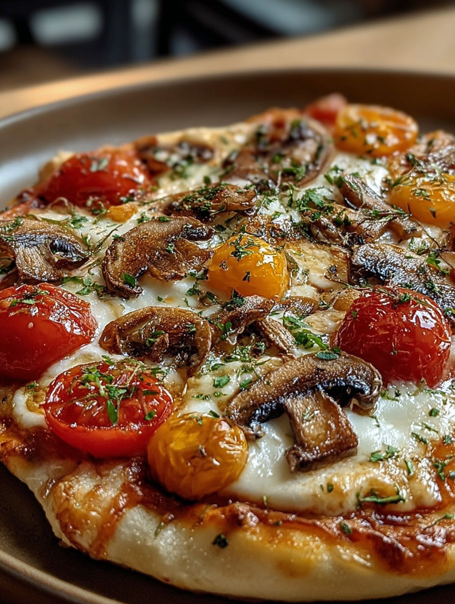 Gros plan sur une pizza sortie du four, fromage filant et herbes fraîches.