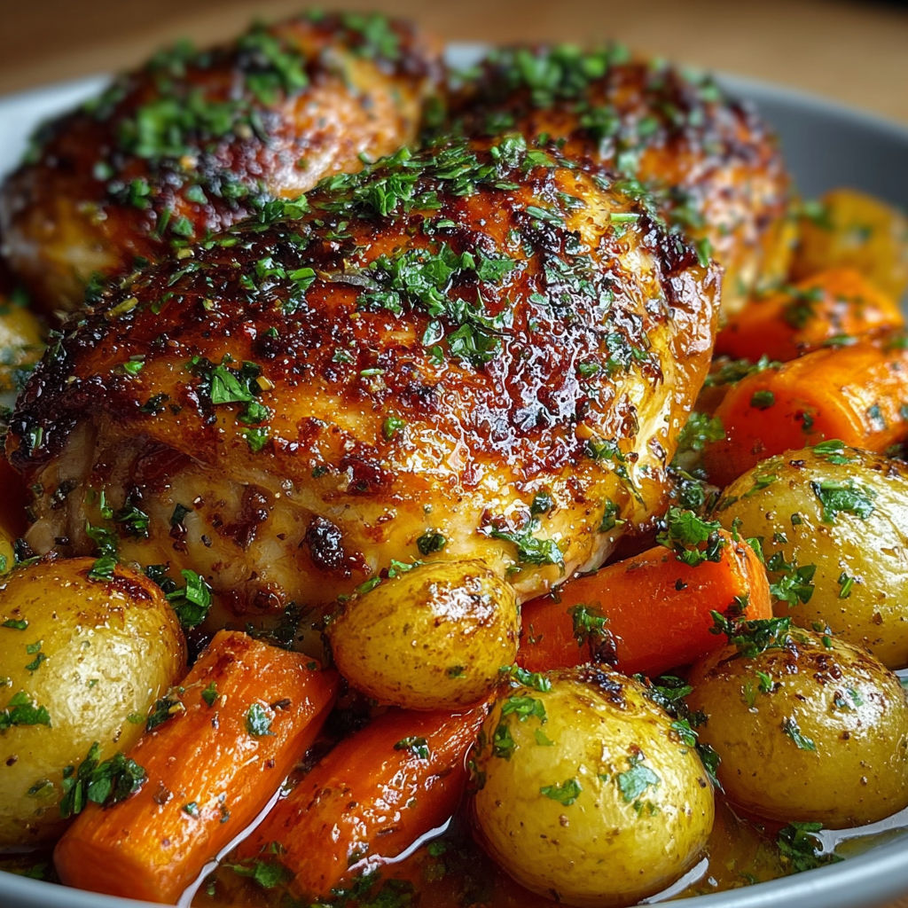 Poulet rôti doré et laqué entouré de pommes de terre grenailles et carottes fondantes.