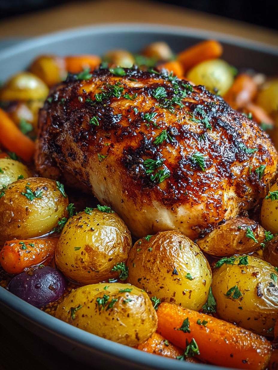 Détail du poulet rôti laqué au miel et ses légumes rôtis au jus.