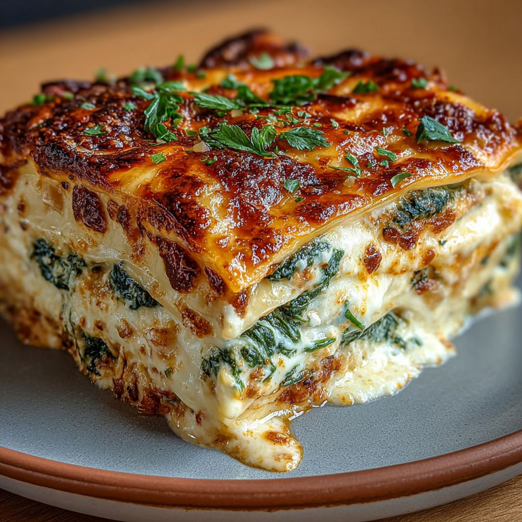Lasagnes ricotta épinards gratinées servies dans un plat blanc avec du basilic frais.