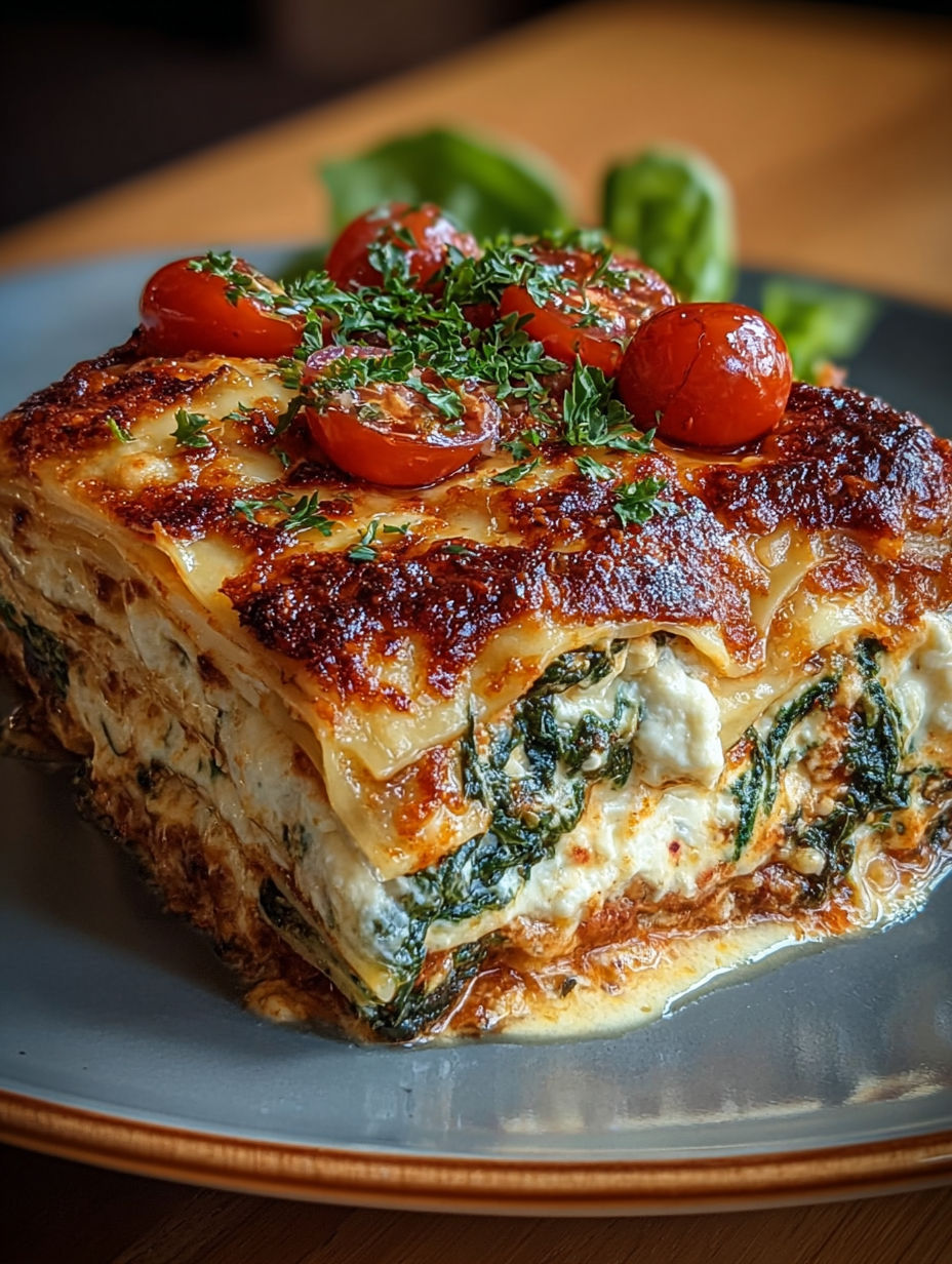 Zoom sur une part de lasagnes révélant les couches de ricotta et d'épinards fondants.