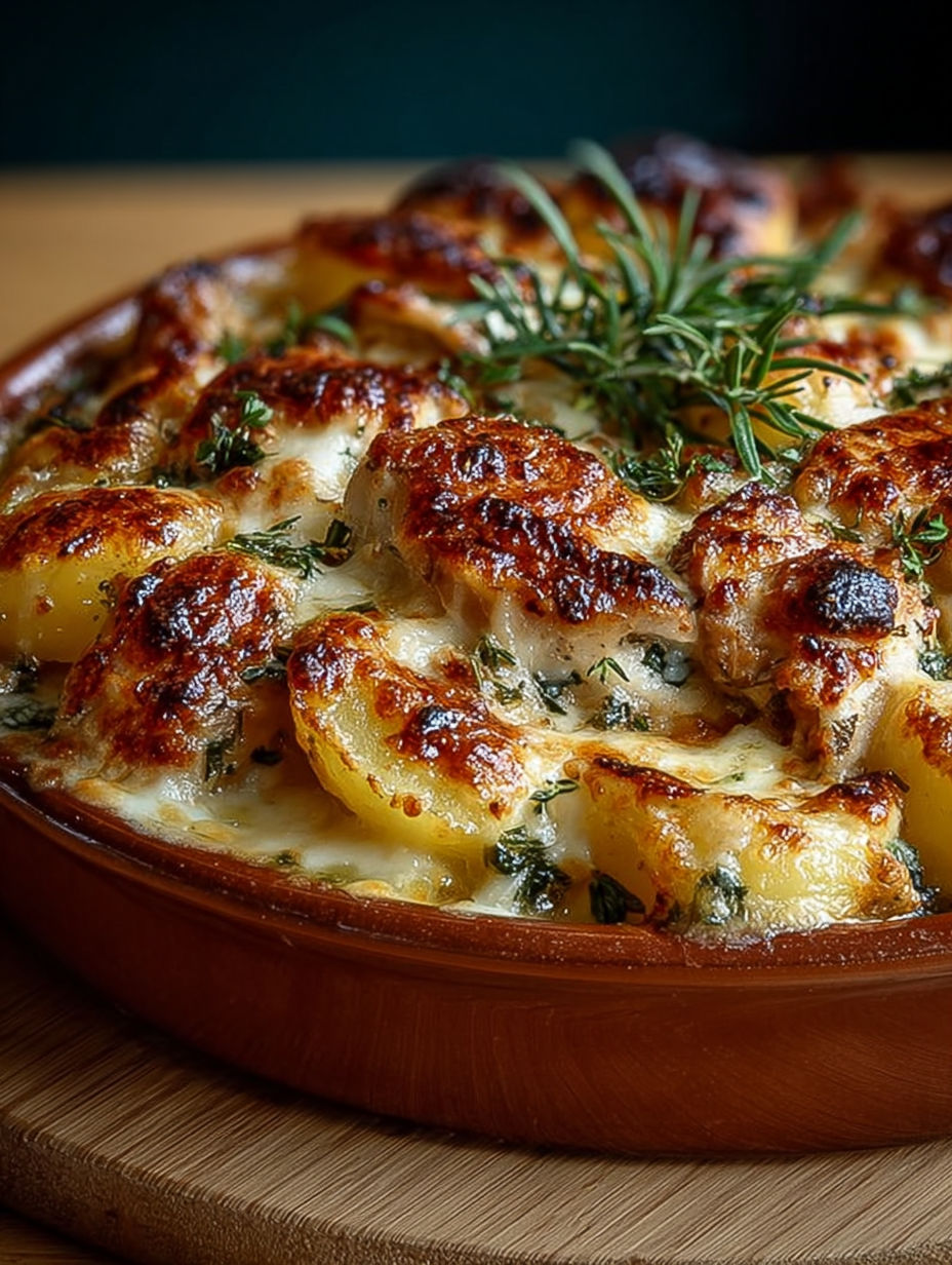 Gros plan sur une part de gratin révélant le poulet tendre et les pommes de terre crémeuses.