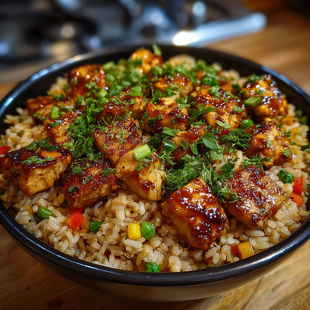 Riz sauté brillant avec morceaux de poulet laqués, petits pois et poivrons colorés.