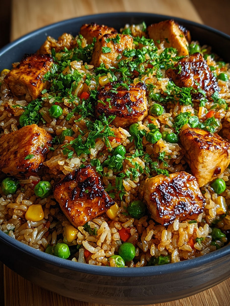 Bol de riz sauté au poulet caramélisé parsemé de coriandre fraîche.