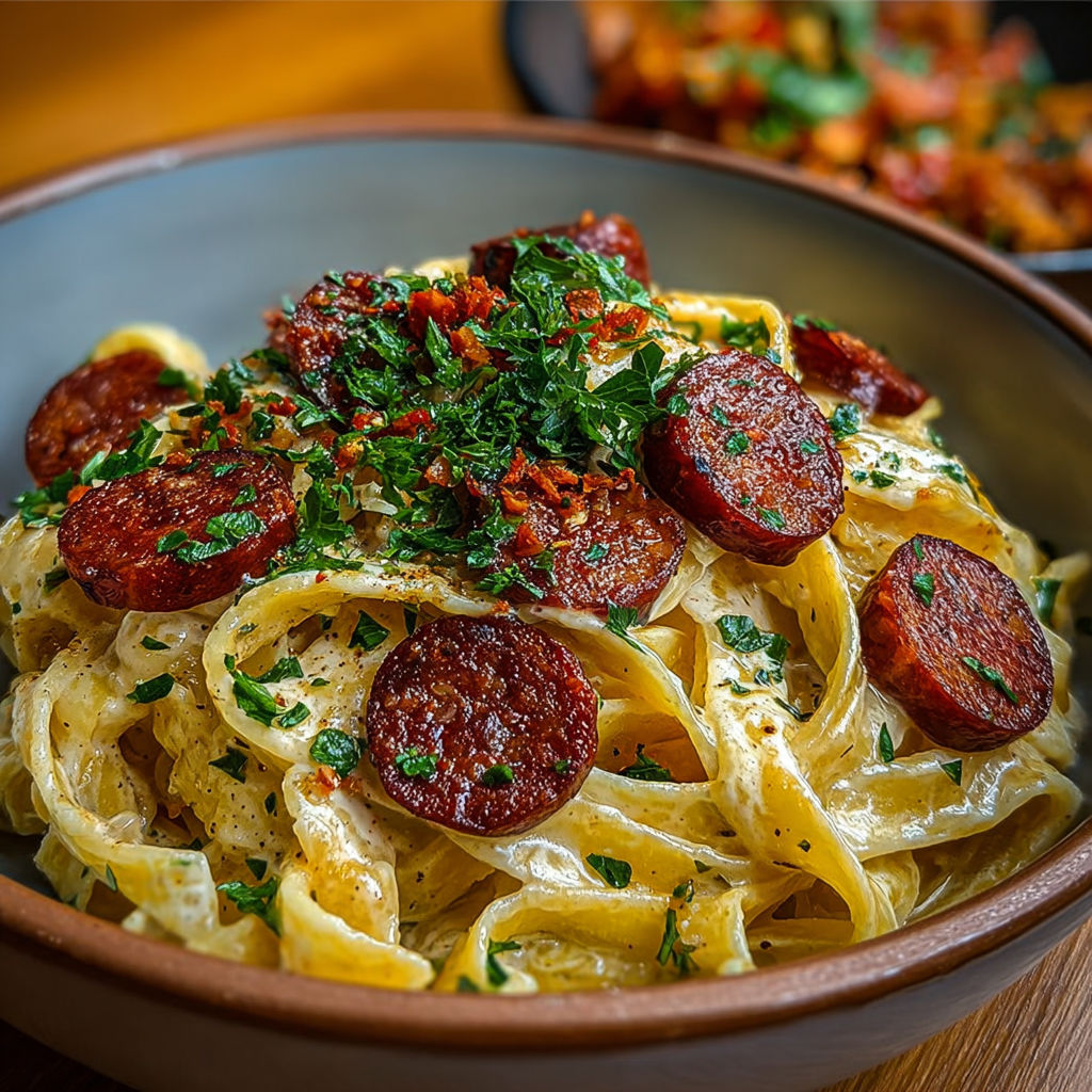 Tagliatelles onctueuses au chorizo et herbes fraîches présentées dans un bol moderne.