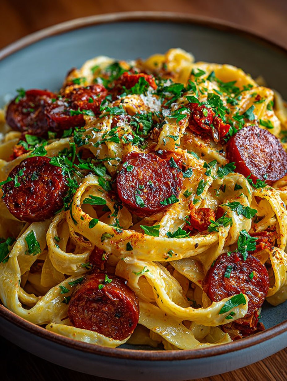 Gros plan sur les pâtes brillantes enrobées de sauce paprika et crème.