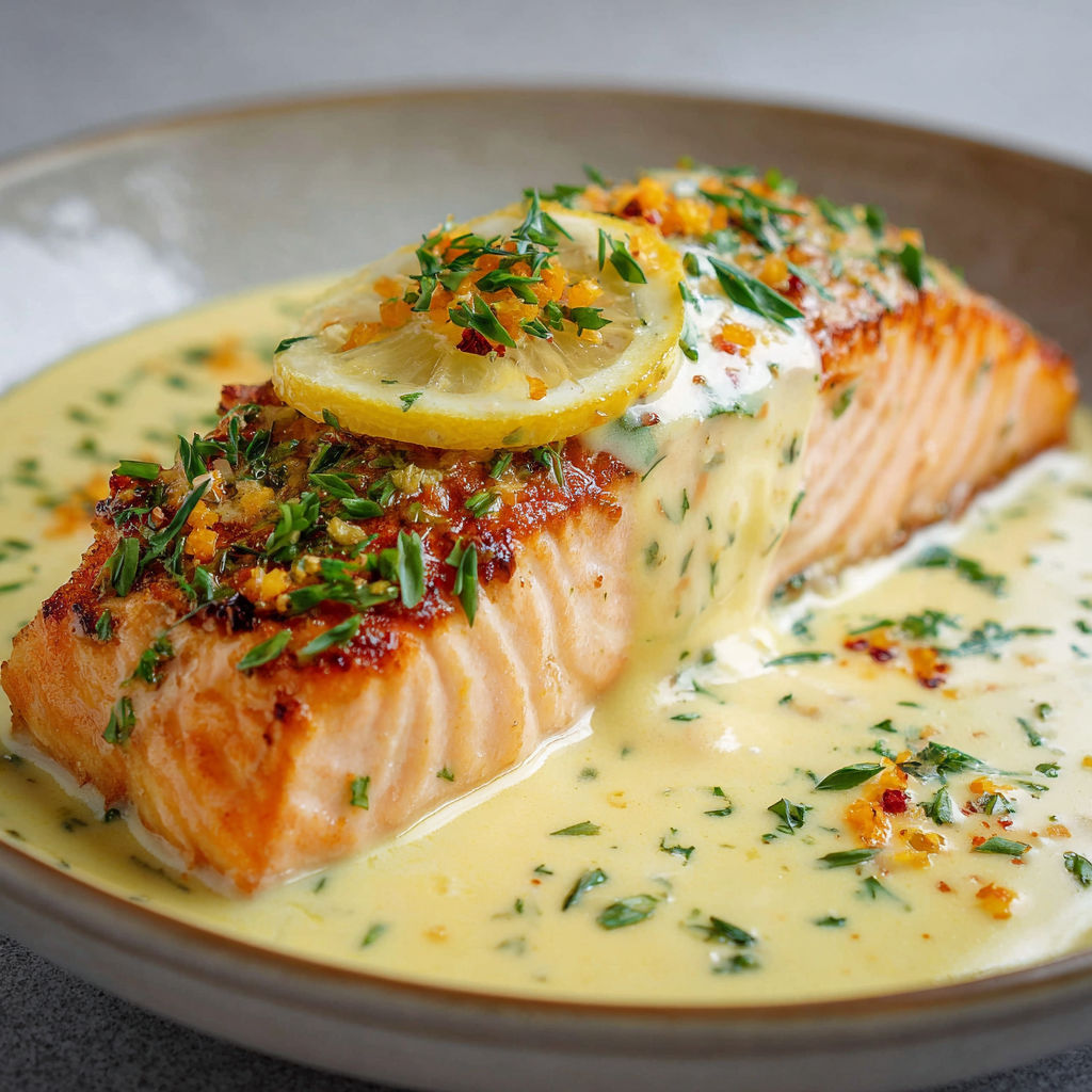 Saumon grillé avec une sauce au citron et des herbes.