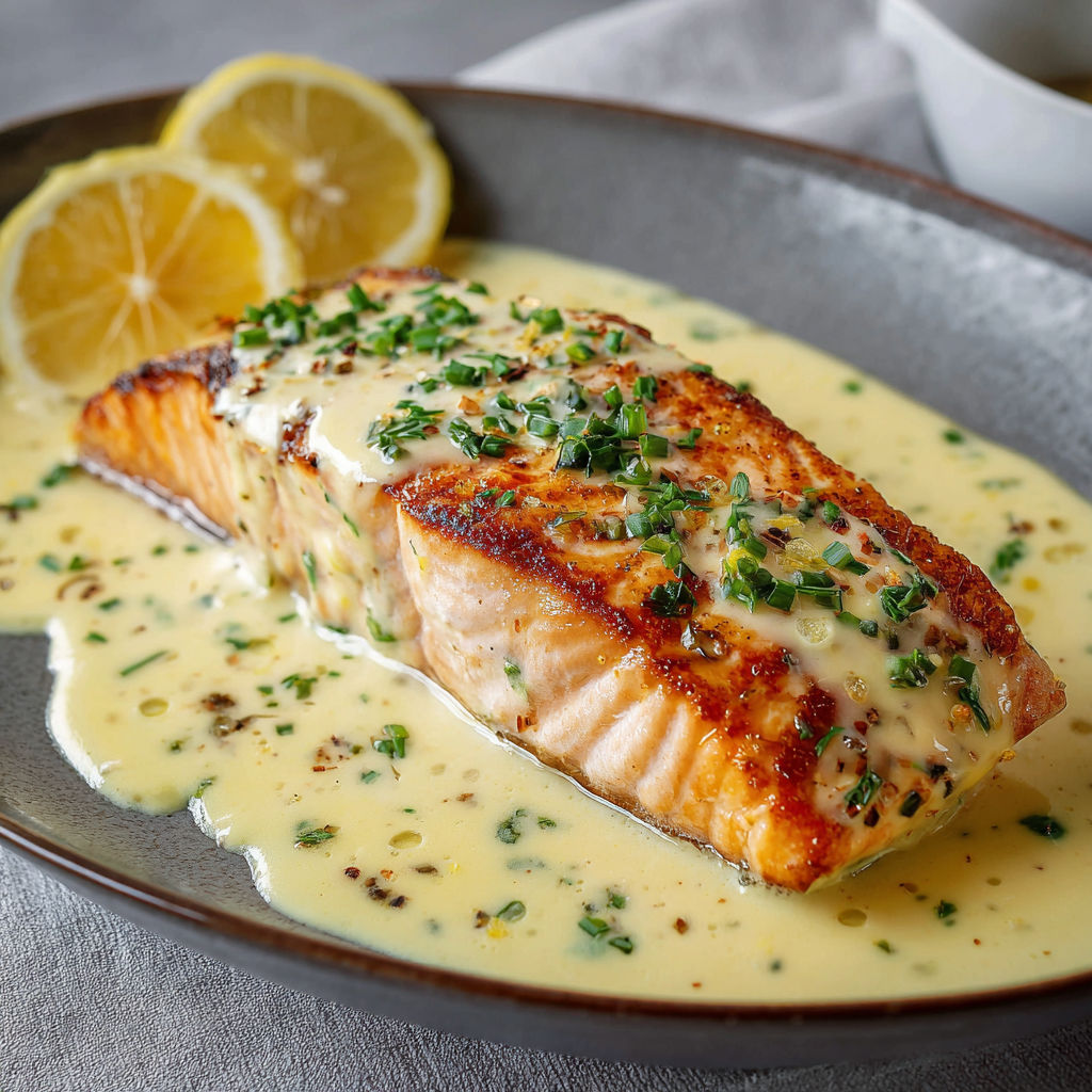 Un poisson grillé avec une sauce au citron et des herbes.