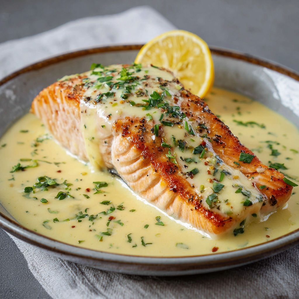 Un filet de saumon grillé avec une sauce au yaourt et des herbes, sur un plateau.