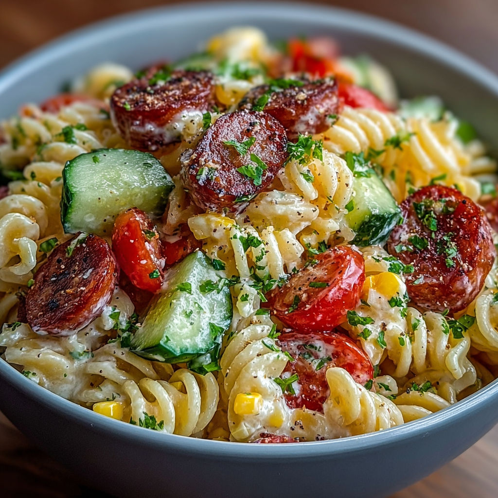 Une salade de pâtes crémeuse au chorizo et maïs est servie dans un bol sur une table.