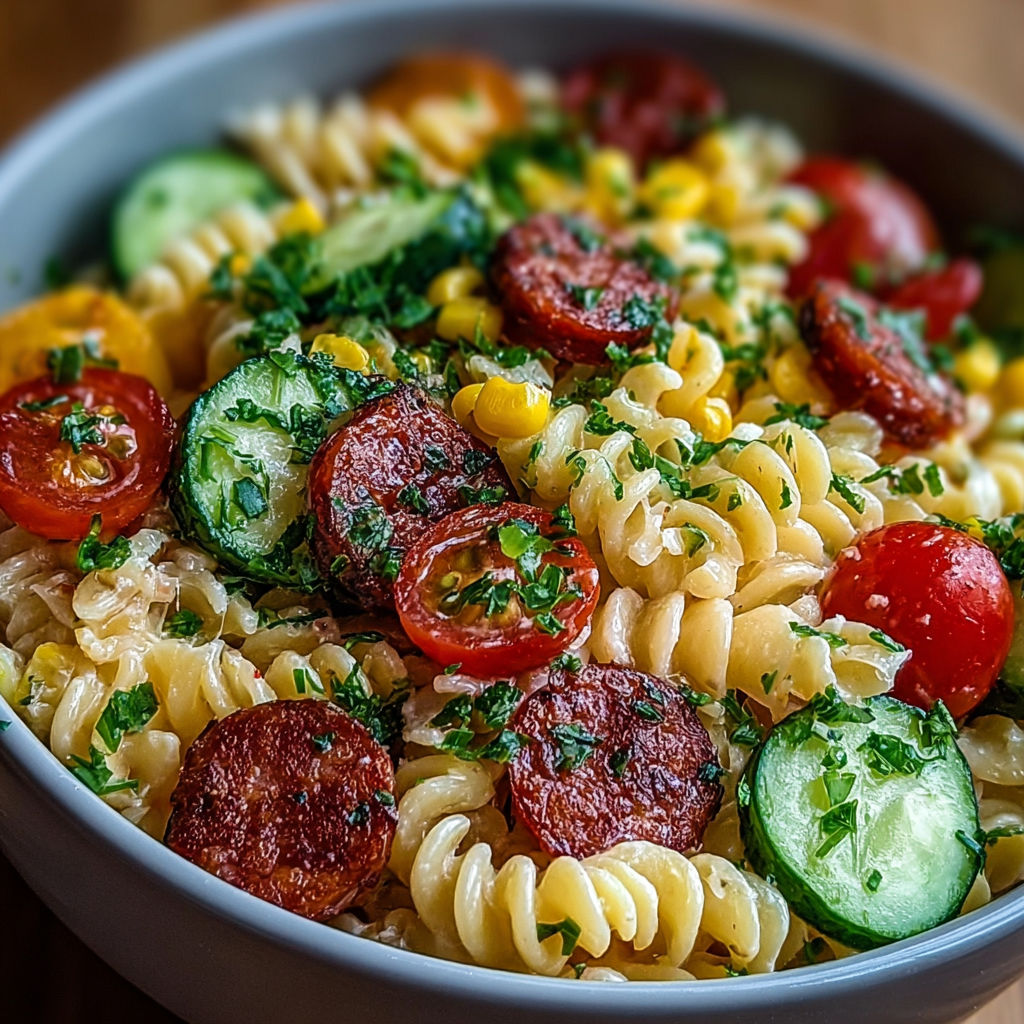 Salade de pâtes colorée avec maïs, concombre, tomates cerises et rondelles de chorizo grillé.