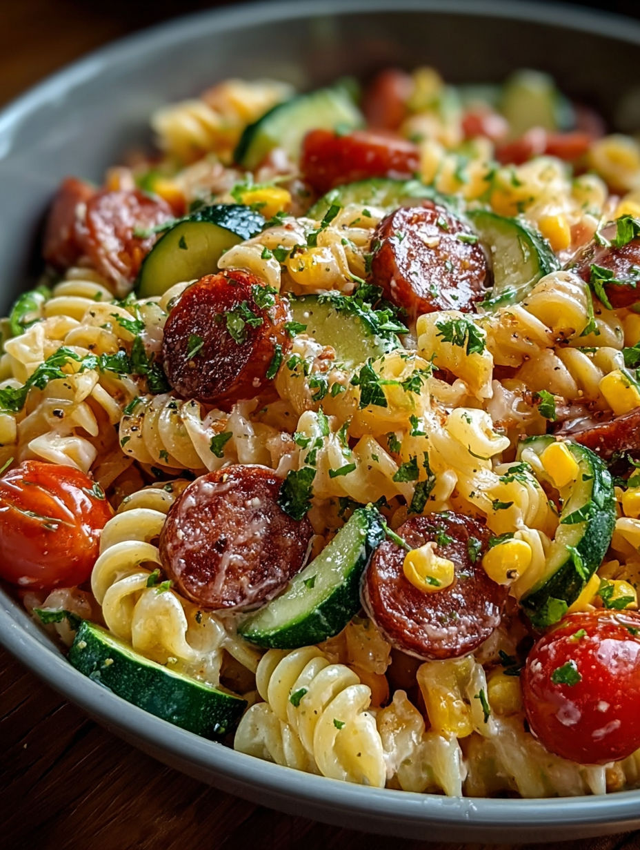 Gros plan sur la sauce crémeuse enrobant les pâtes fusilli et les légumes croquants.
