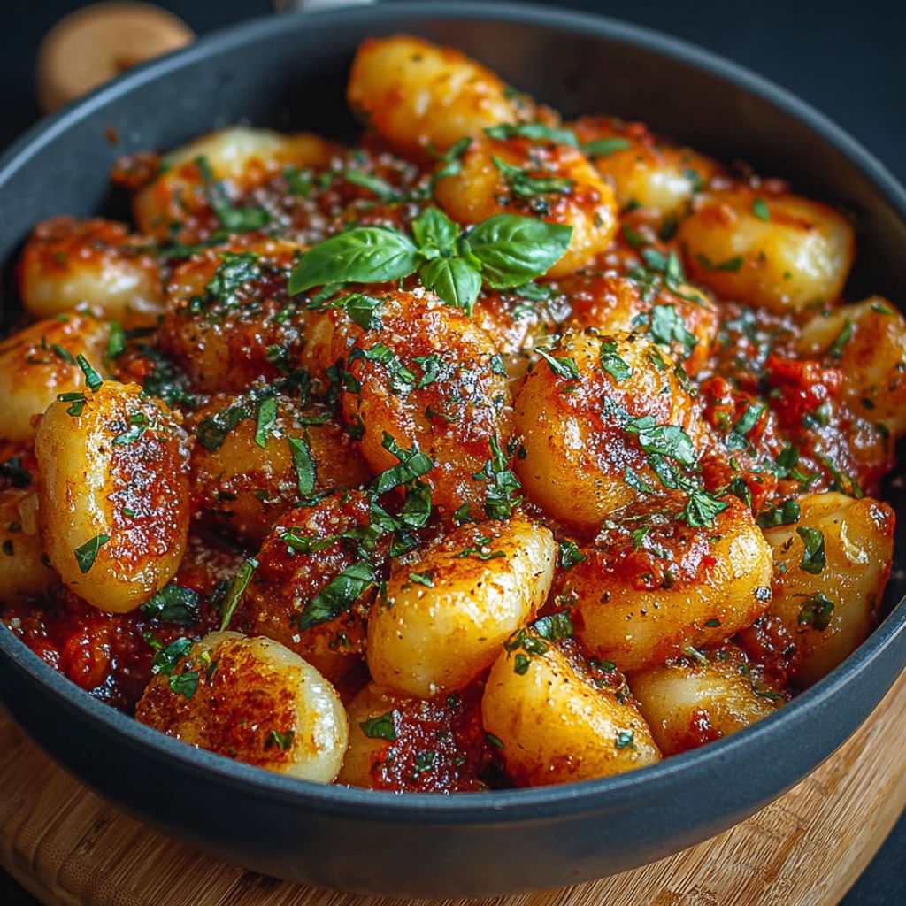 Une assiette de gnocchis poêlés sauce tomate et basilic.