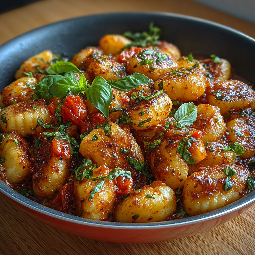 Assiette de gnocchis dorés nappés d'une sauce tomate onctueuse et décorés de basilic frais.