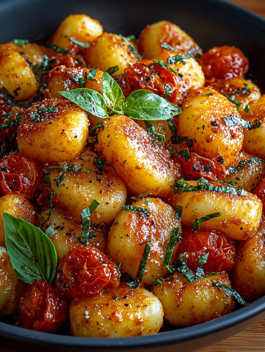 Zoom gourmand sur des gnocchis à la tomate saupoudrés de fromage italien.