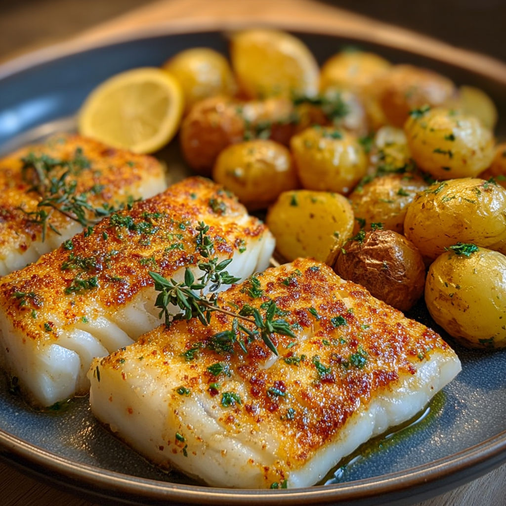 Filet de cabillaud nacré sur un lit de pommes de terre grenailles rôties et quartiers de citron.