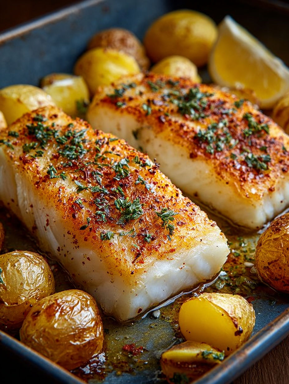 Gros plan sur la chair effeuillée du cabillaud et les pommes de terre croustillantes au paprika.