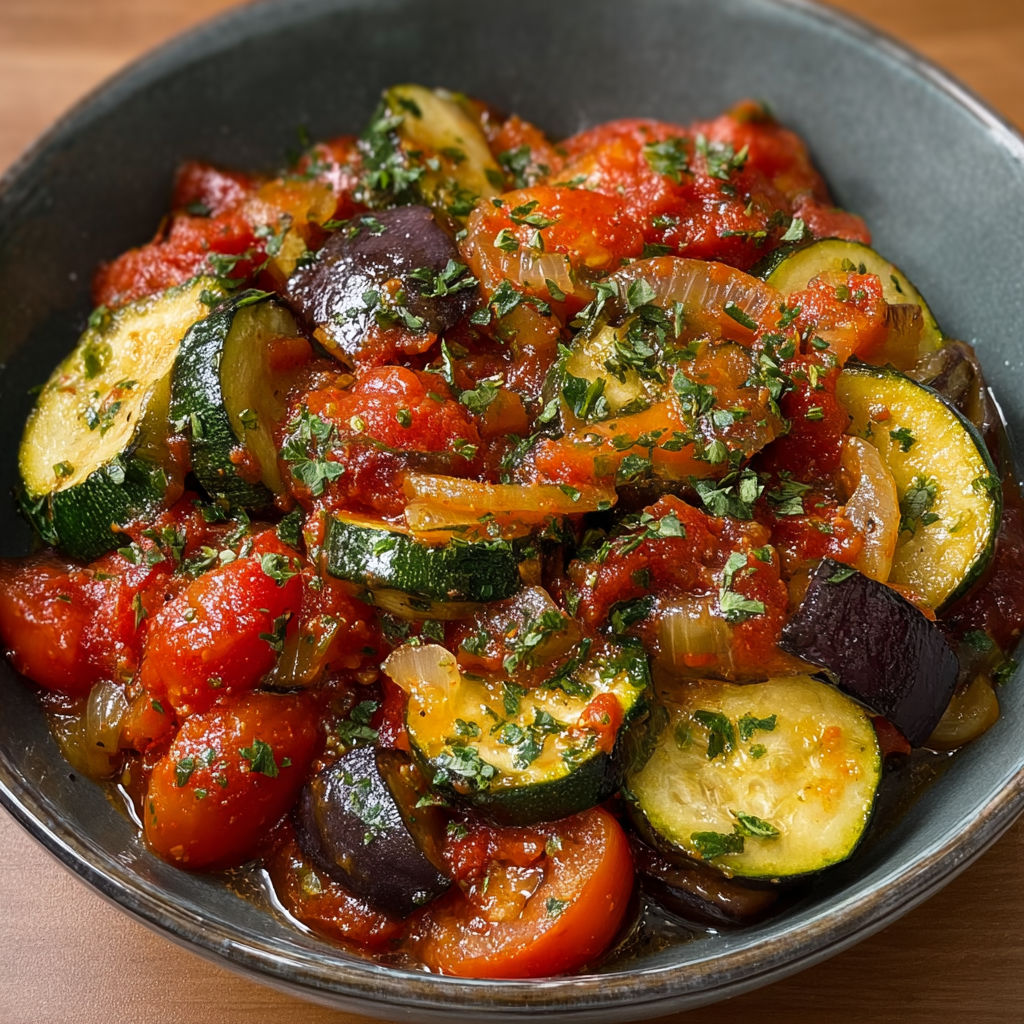 Une assiette contenant une ratatouille express en sauce tomate.