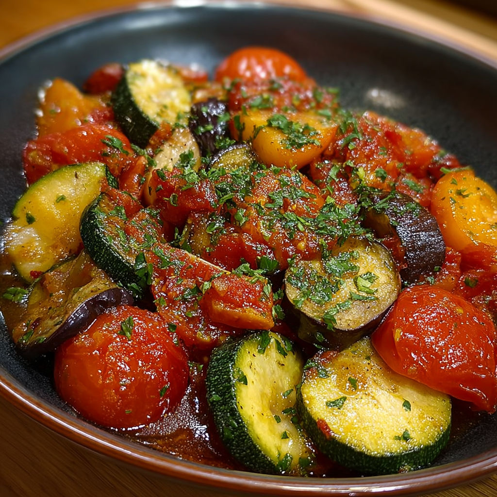 Plat de ratatouille colorée avec aubergines, courgettes et sauce tomate onctueuse.