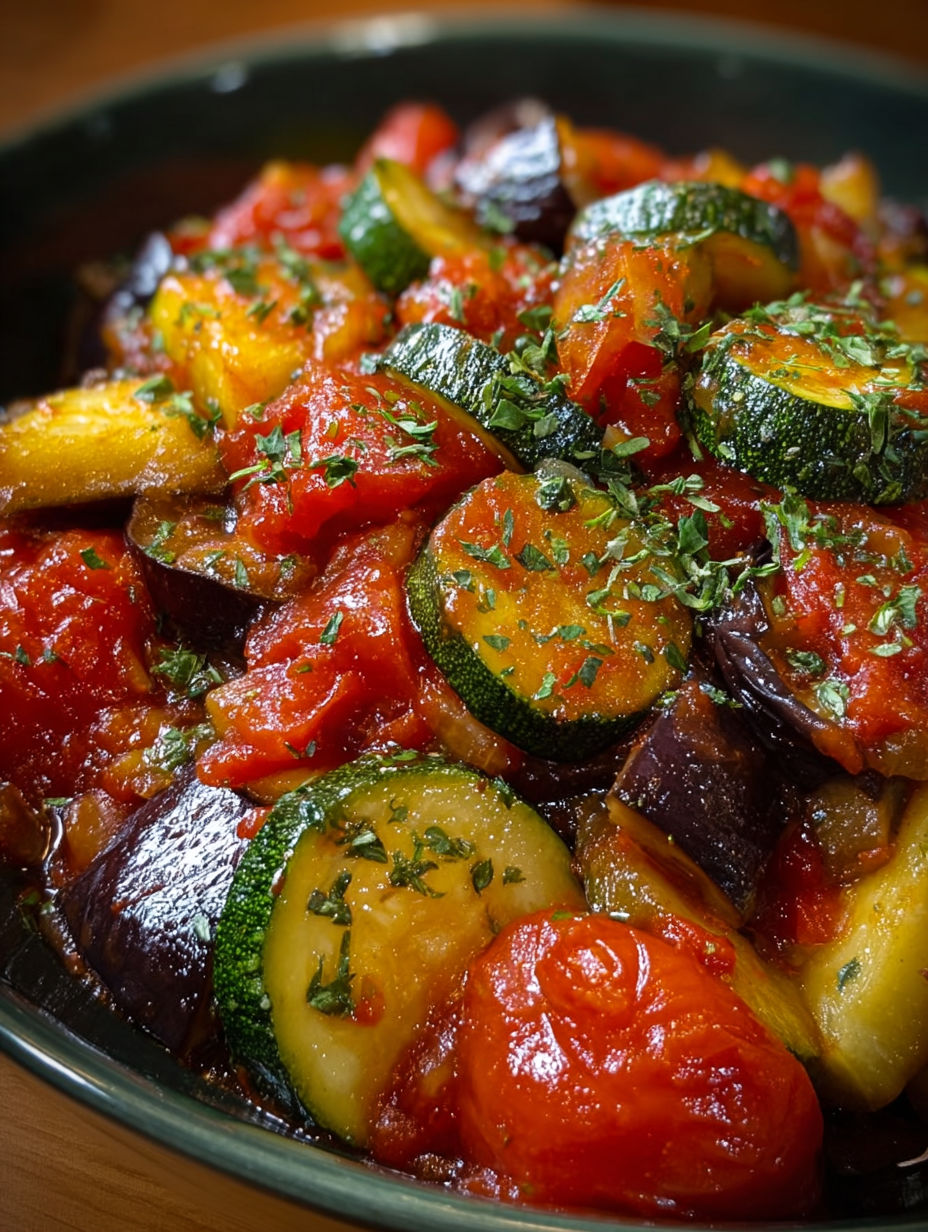 Zoom sur la texture fondante des légumes mijotés dans une sauce tomate parfumée.