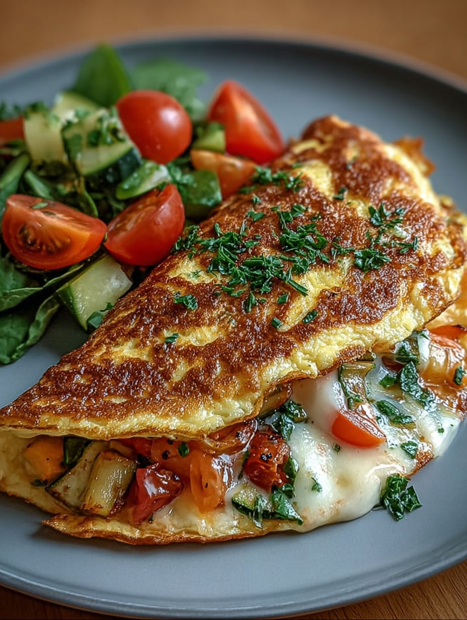Présentation de l'omelette farcie accompagnée d'une salade verte fraîche.