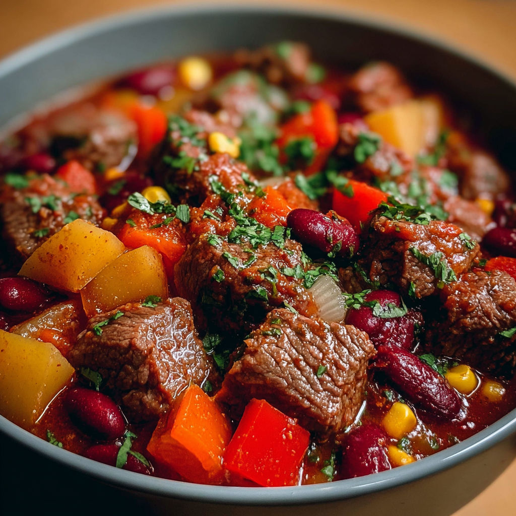 Un plat de chili de bœuf aux haricots rouges et maïs, avec des légumes colorés et des herbes fraîches, est servie dans un bol.