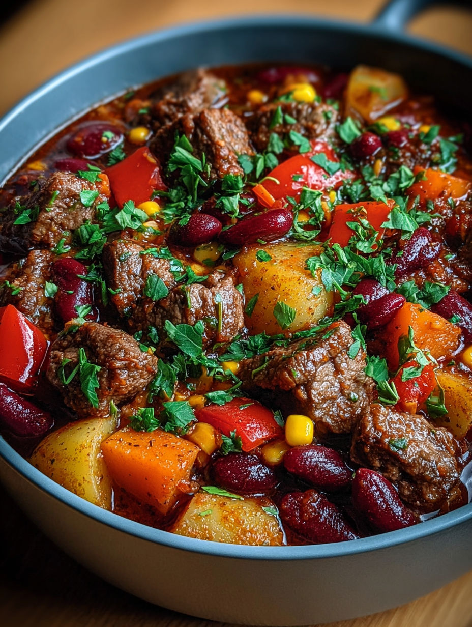 Zoom sur la sauce onctueuse du chili et les morceaux de bœuf fondants.