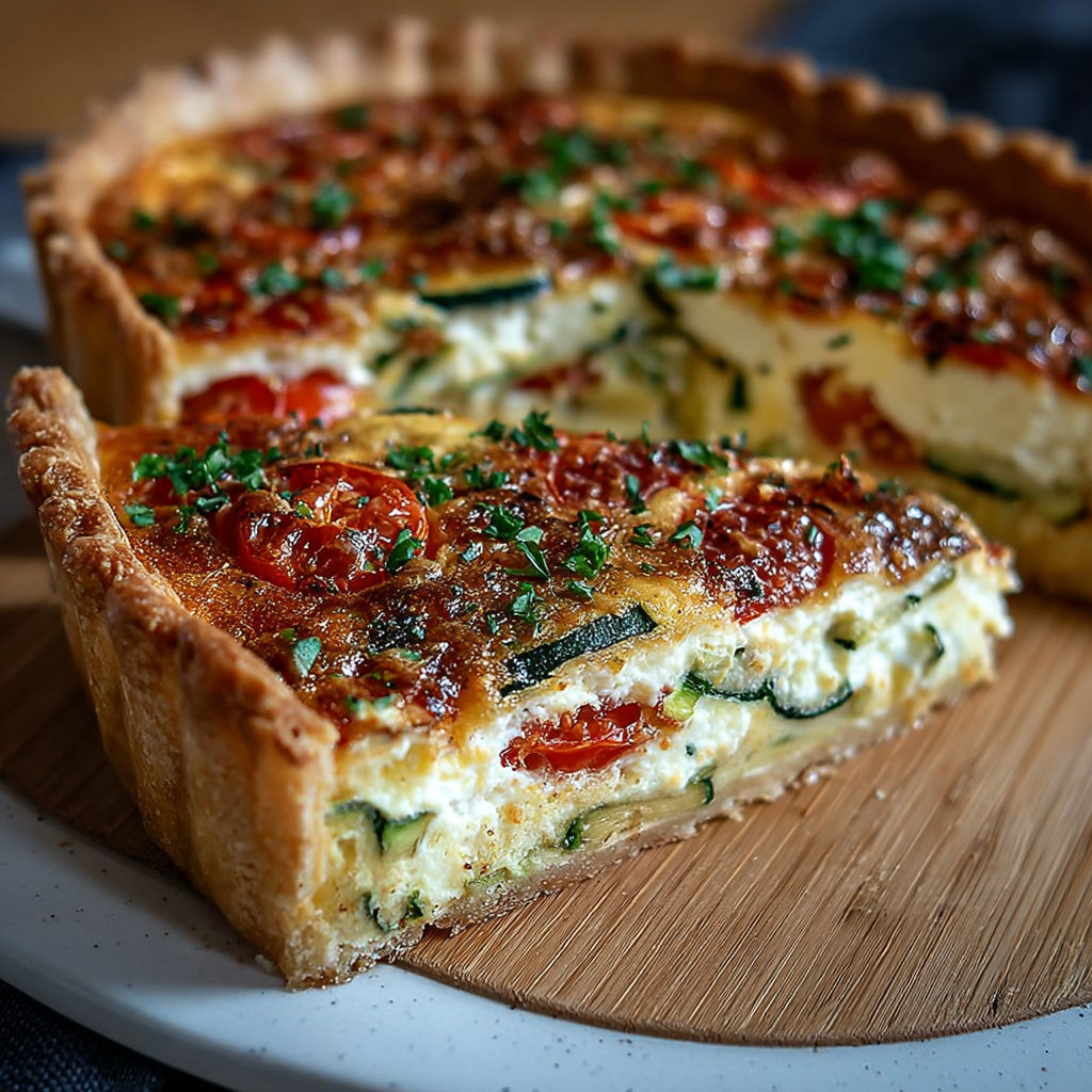Une quiche aux courgettes, tomates et ricotta sur une planche de bois.