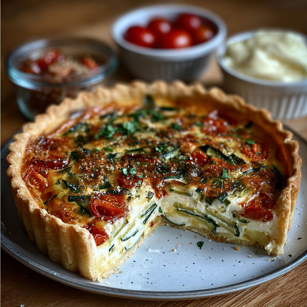 Quiche dorée aux courgettes et tomates cerises sur une table estivale.