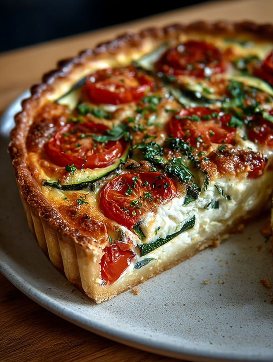 Gros plan sur une part de quiche fondante à la ricotta et légumes du soleil.