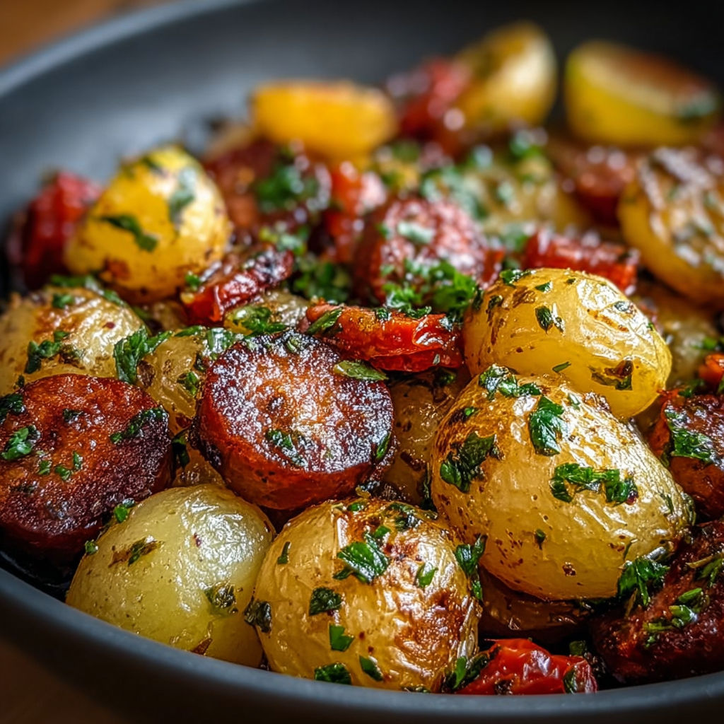 Une poêlée de grenailles et de chorizo au persil, avec des légumes verts et des épices, est servie dans un bol.