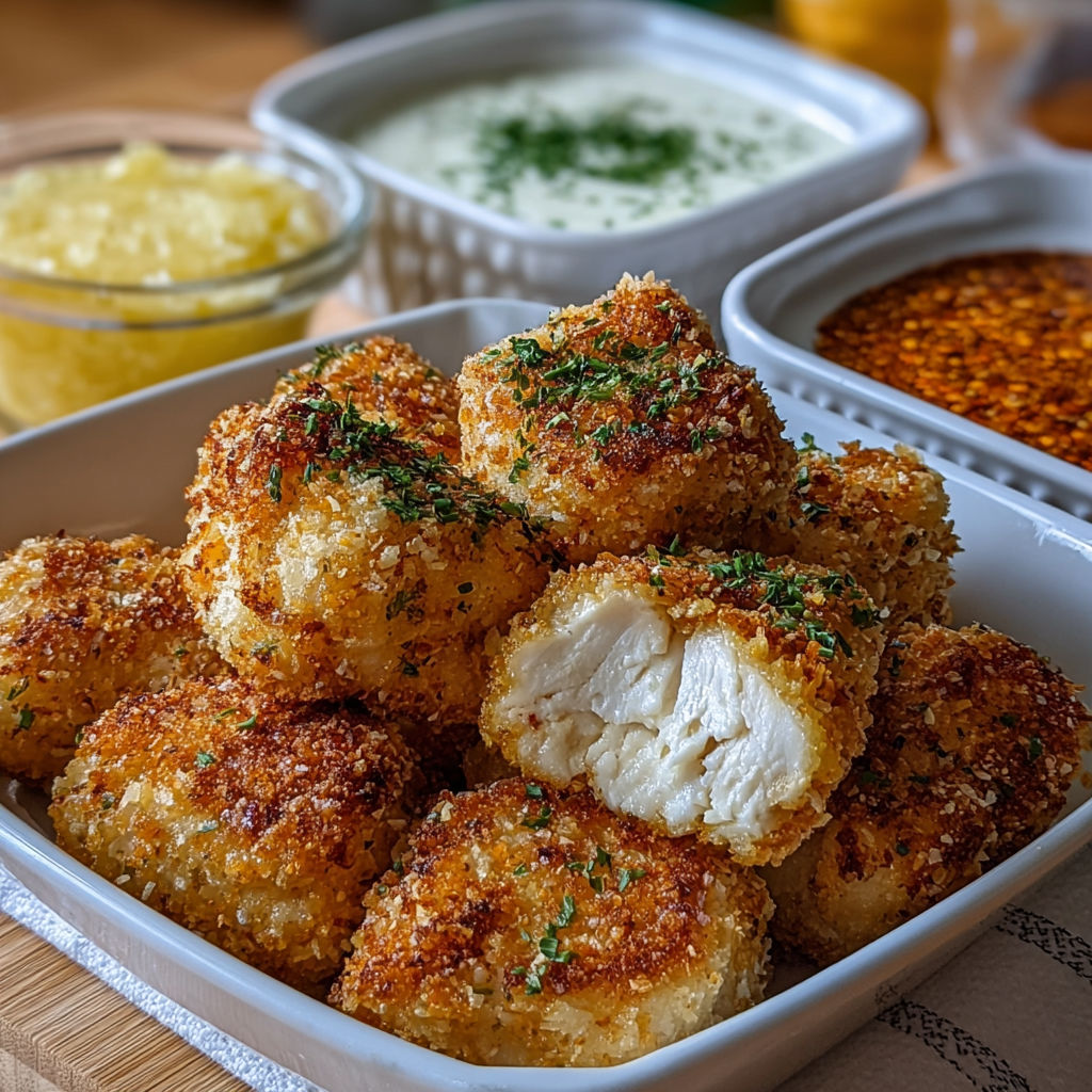 Bouchées de poulet panées dorées avec différents ramequins de sauce et herbes fraîches.