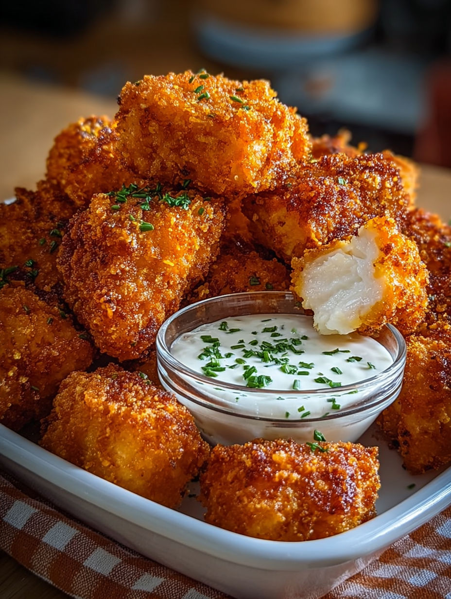 Gros plan sur une bouchée de poulet panée trempée dans la sauce au yaourt onctueuse.