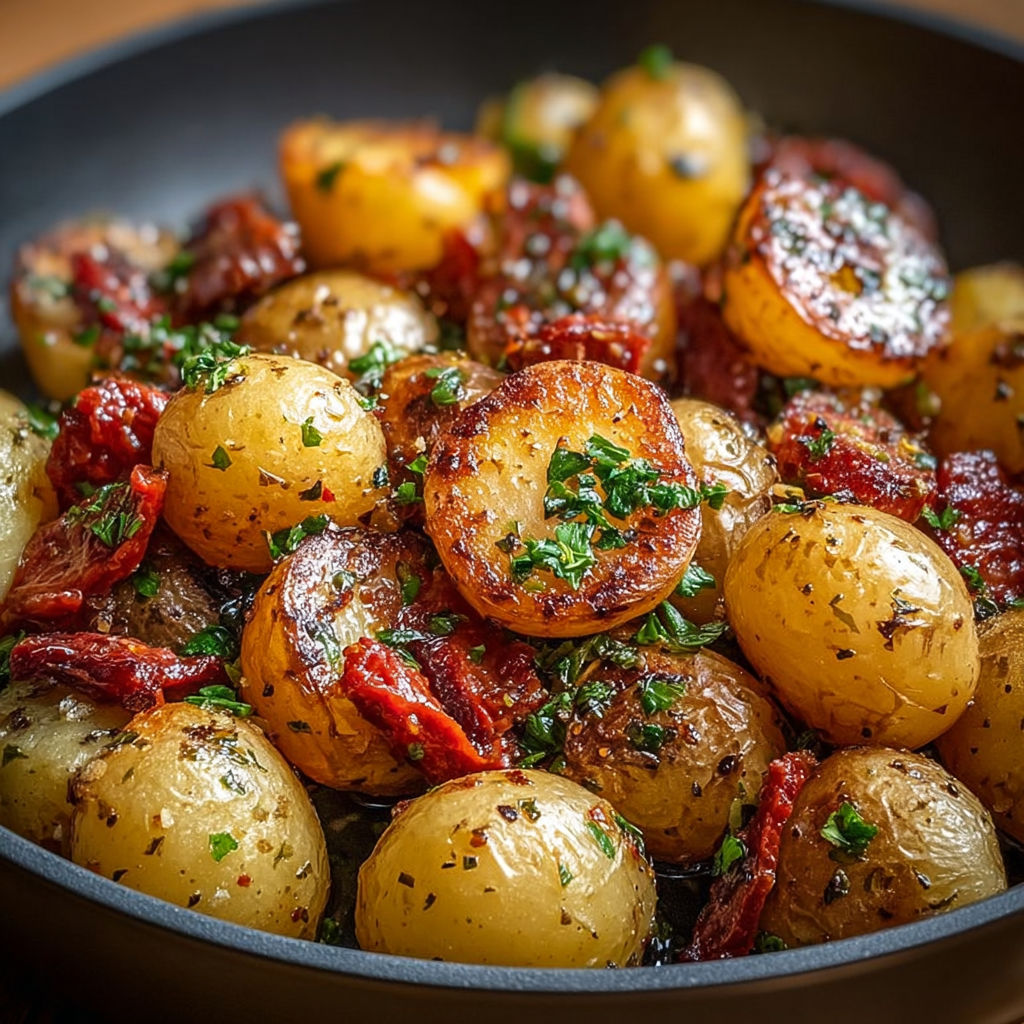 Poêlée de pommes de terre grenailles dorées au chorizo et herbes fraîches.