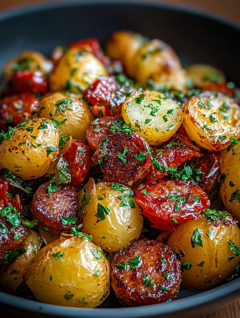 Gros plan sur les tomates cerises fondantes et le chorizo grillé au milieu des pommes de terre.