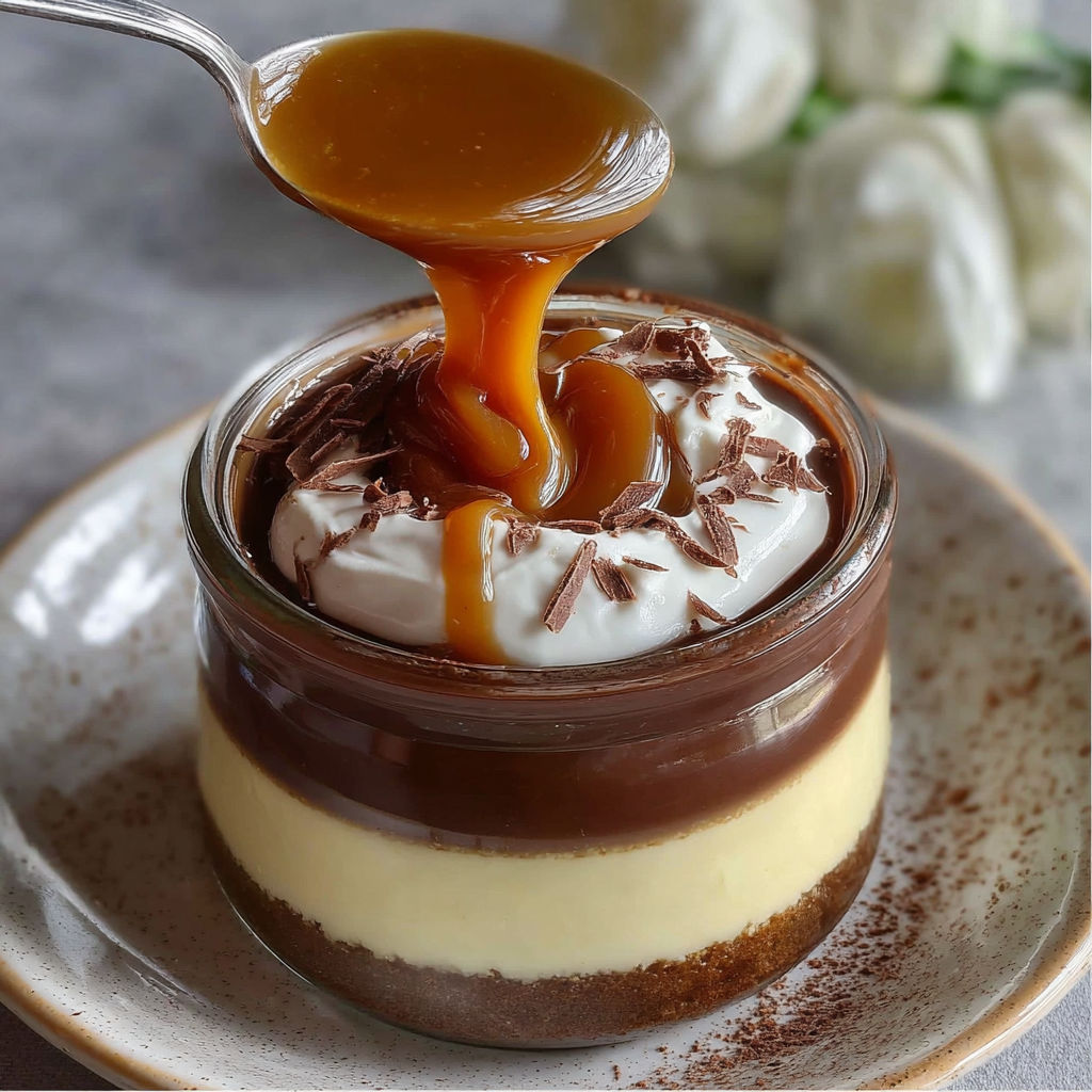Verrine bicolore vanille-chocolat nappée d'une sauce caramel onctueuse.