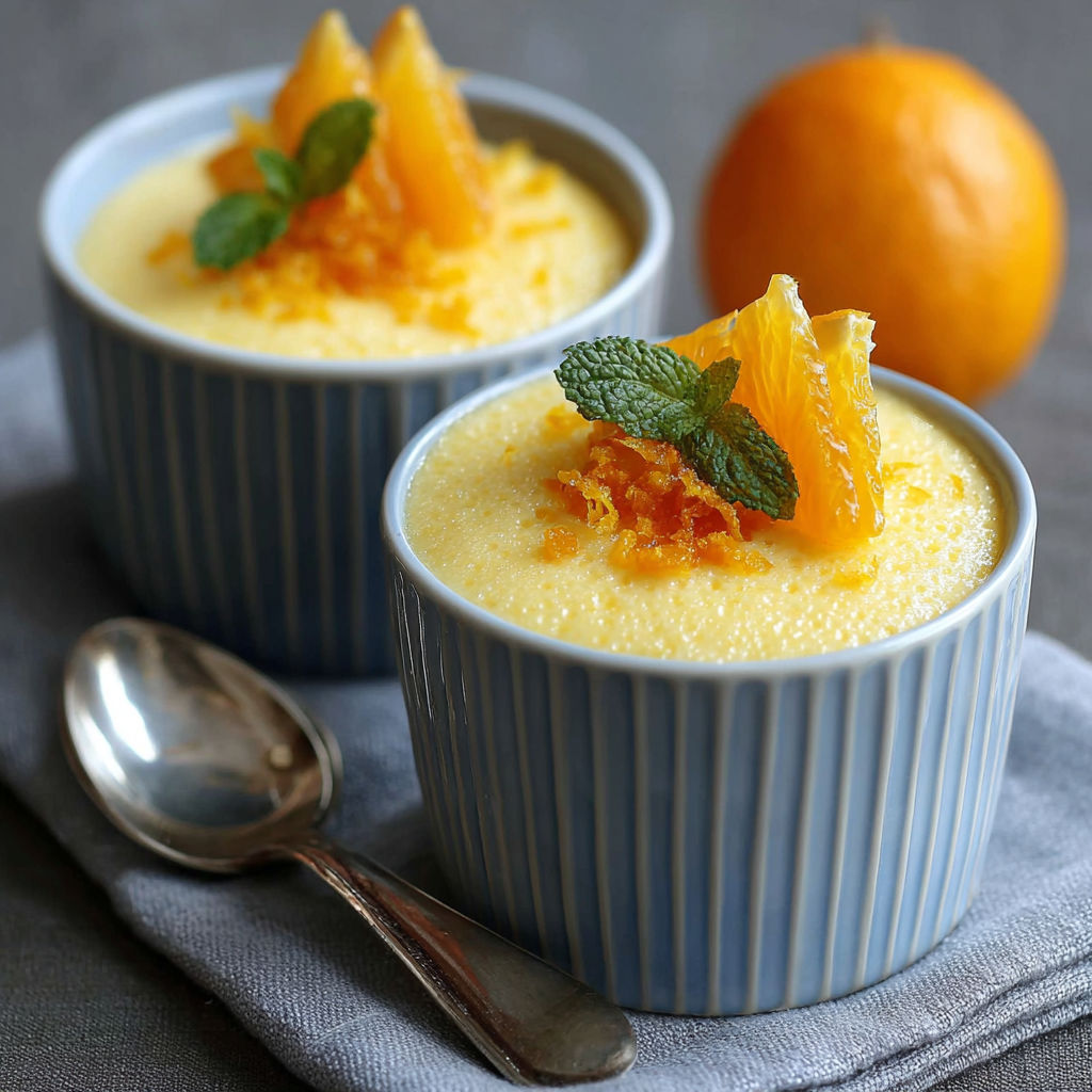 Coupes de crème à l'orange veloutée garnies de quartiers de fruits frais.