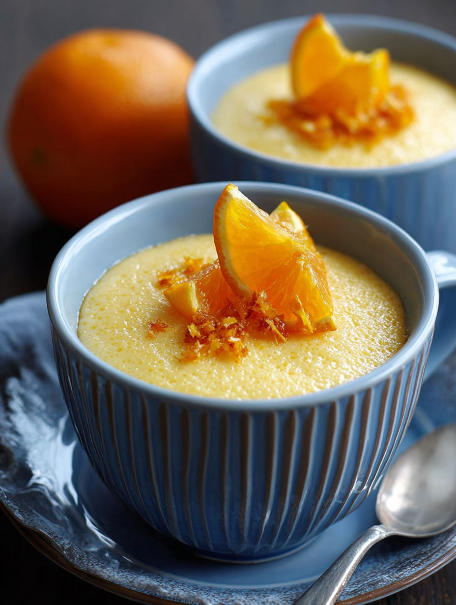 Présentation raffinée de la crème à l'orange avec un filet de miel brillant.