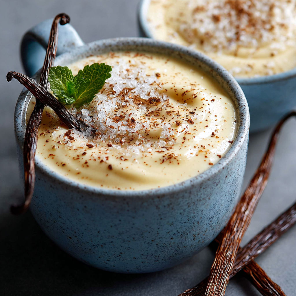 Une crème dessert vanille onctueuse est servie dans un bol bleu.
