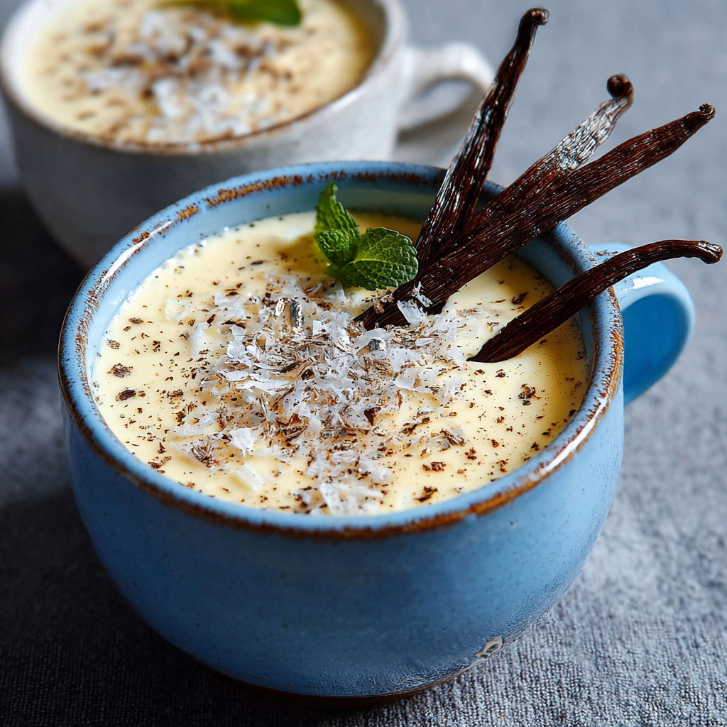 Ramequin de crème vanille onctueuse parsemée de noix de coco et menthe fraîche.