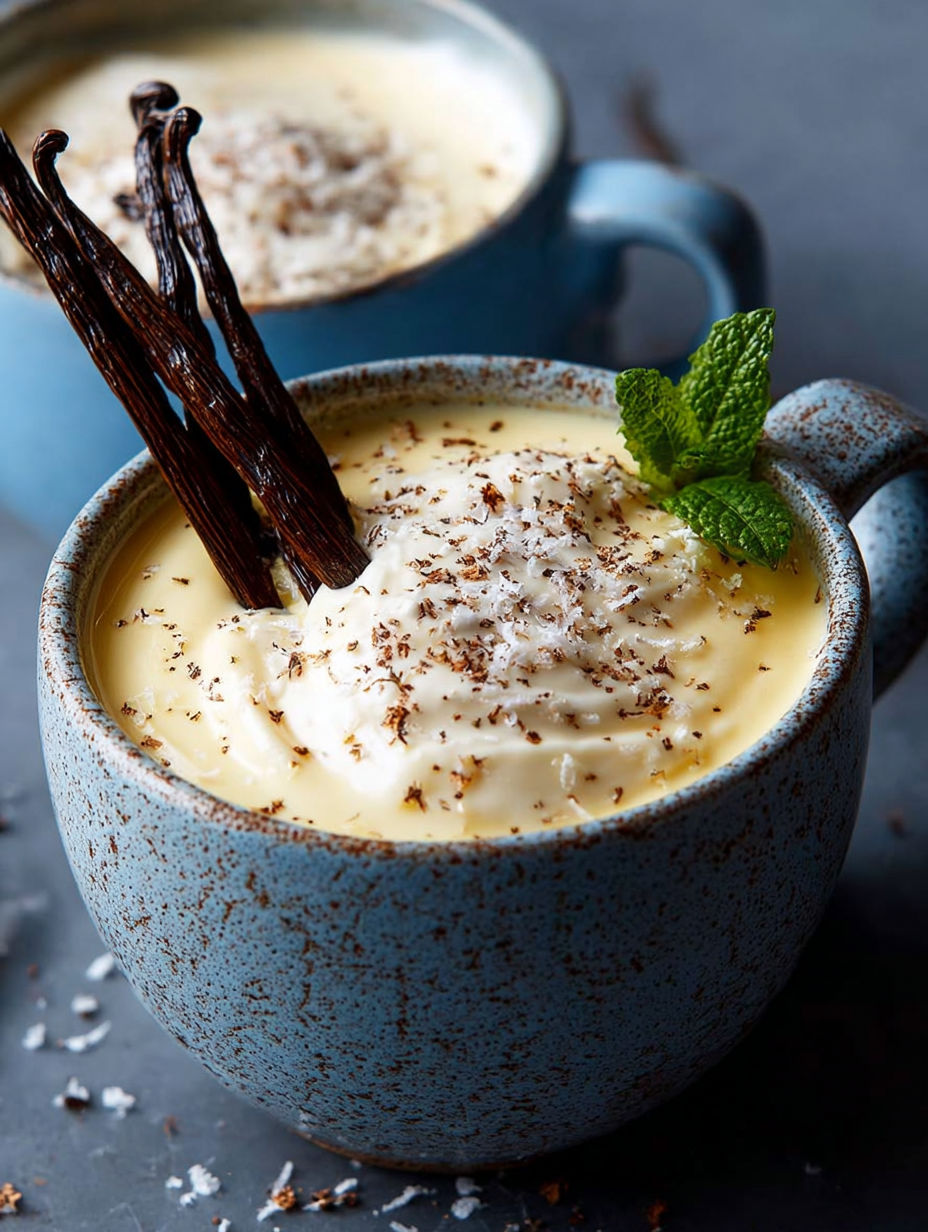 Gros plan sur la crème vanille soyeuse avec ses éclats de coco râpée.