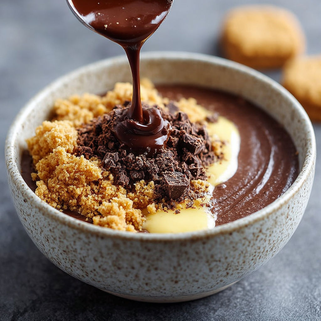 Coupe de crème chocolat intense surmontée d'éclats de biscuits croquants.